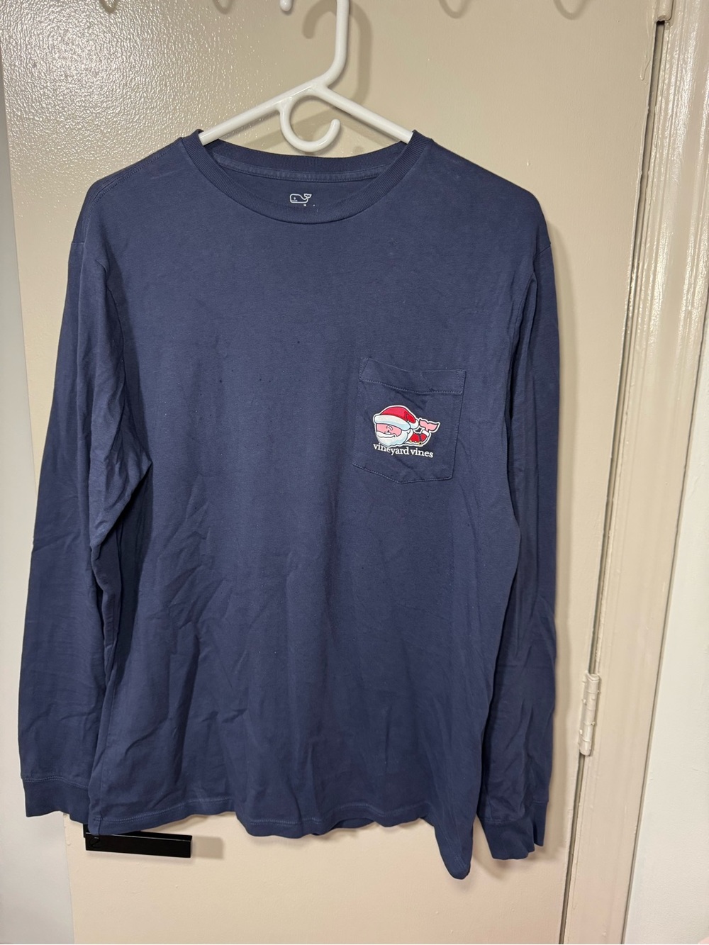 Vineyard Vines Navy Christmas Long-Sleeve Pocket Tee with Santa Whale Logo- Smal